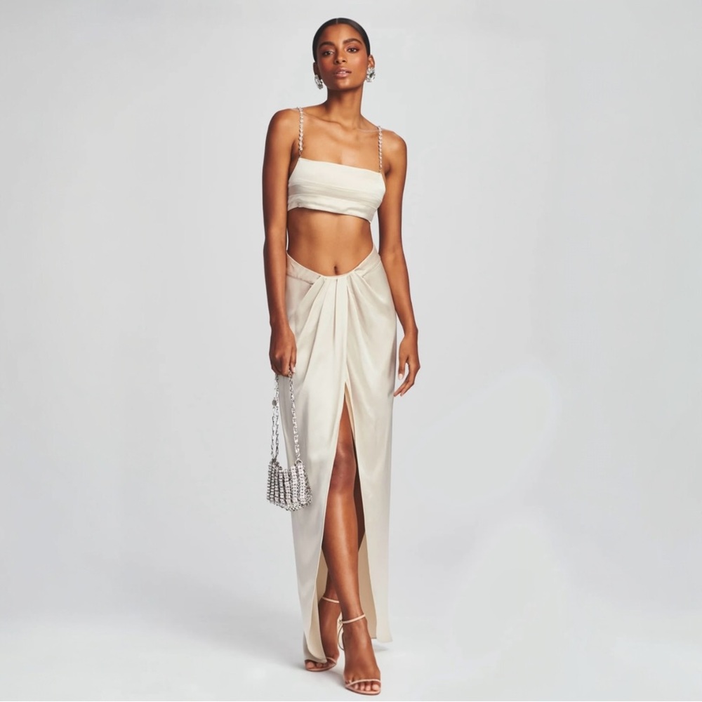 retofete Asimi Maxi Skirt Champagne Satin Size Medium‎ Low Rise Tulip Hem